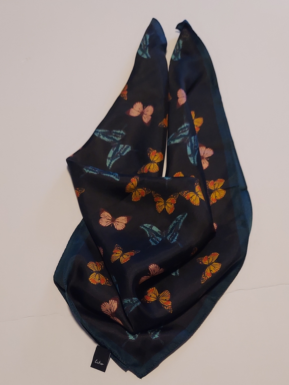Echo Dark Teal Butterfly Silk Scarf with Orange & Pink Accents